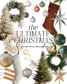 the ultimate christmas party poster with ornaments and stockings