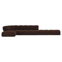 a brown sectional couch sitting on top of a white floor