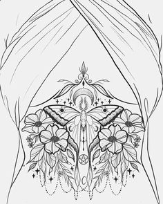 a black and white drawing of a butterfly with flowers on it's chest, in front of a curtain