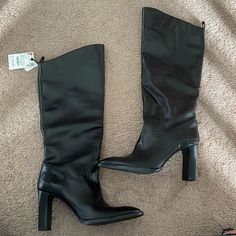 Never Worn! Brand New Zara Boots! Classic High Heel Boots For Wide Calves, Classic High Heel Wide Calf Boots, Classic Wide Calf High Heel Boots, High Heel Boots With Branded Heel Counter For Fall, Wide Calf Stacked Heel Boots For Night Out, Fall High Heeled Boots With Branded Heel Counter, Chic Wide Calf Boots With Block Heel, Wide Calf High Heel Casual Boots, Casual Knee-high Heeled Boots With Padded Heel