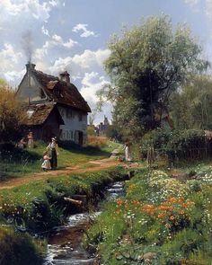 a painting of people walking on a path by a stream in a rural area with flowers and trees