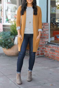 Taupe Booties Outfit, Black And White Striped Top Outfit, Striped Top Outfit, Black And White Striped Top, Booties Outfit, Brown Cardigan, Striped Long Sleeve Tee, Top Outfit