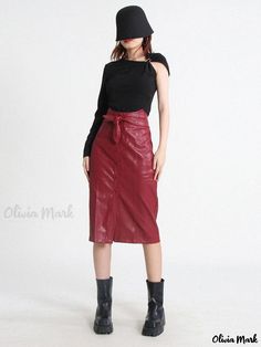 Olivia Mark - Vintage High-Waist Red Leather Skirt with Chic Tote Design Red Lined Skirt For Fall, Red Knee-length Bottoms For Fall, Chic Red Knee-length Mini Skirt, Red Pleated Skirt For Fall, Red High Waist Lined Pencil Skirt, High Waist Red Lined Pencil Skirt, Red Knee-length Bottoms For Night Out, Red Knee-length Mini Skirt, Red Midi Skirt For Night Out