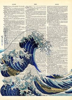 the great wave off kanishi on an old book page with water splashing from it