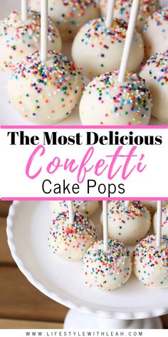 the most delicious confetti cake pops on a white plate with sprinkles