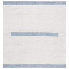 a blue and white rug with two horizontal lines on the bottom, in front of a white background