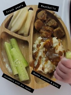 a wooden plate with different types of food on it and words describing what to eat