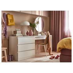 a bedroom with a dresser, mirror and shoes on the floor in front of it