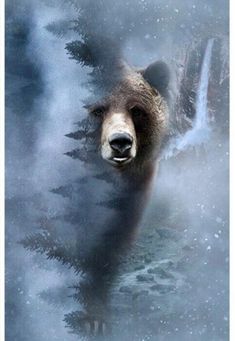 a brown bear standing in the water with trees around it's neck and head