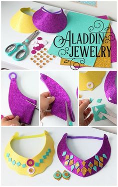 the instructions for how to make a purple and yellow necklace with beads, scissors and buttons