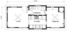 the floor plan for a small cabin with two bedroom and living area, including an attached bathroom