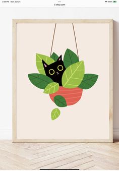 a black cat sitting in a potted plant with green leaves hanging from it's sides