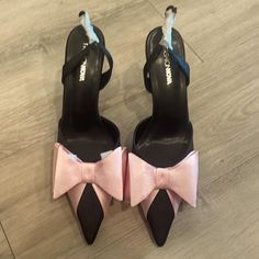 Brand New, Never Worn Pointy Black Heels With Pink Bow. High Heels With Pink Bow For Formal Occasions, Pink Pointed Toe Synthetic Heels, Evening Heels With Pink Bow And High Heel, Evening High Heels With Pink Bow, Pink Synthetic Heels For Formal Occasions, Pink Synthetic Heels For Evening, Pink High Heels With Bow, Chic Pink Evening Heels, Pink 4-inch Heels For Night Out