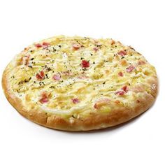 a pizza with ham and cheese on it is sitting on a white surface, ready to be eaten