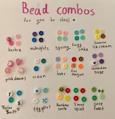 a white board with buttons and words written on it that say bead combos