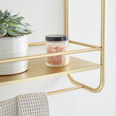 a potted plant sitting on top of a shelf next to a jar filled with pink glitter