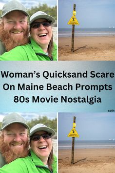 two people are posing for pictures on the beach with a sign that says woman's quicksand scare on main beach proms 80's movie nostalga