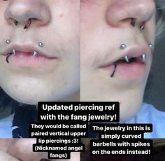 two pictures with piercings on their nose and the caption reads, updated piercing ret with the fangg jewelry they would be called