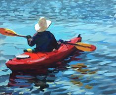 a painting of a person in a red kayak with a white hat and paddle