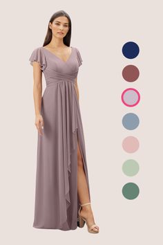 a woman in a long dress standing next to color swatches and the colors shown below her