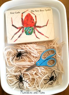 a white tray filled with lots of different types of spider webs next to a blue pair of scissors