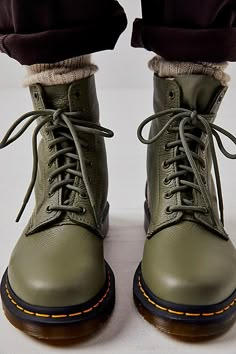 Custom Painted Doc Martens, Fall Women’s Shoes, Green Dr Martens Outfit, Lems Boots, How To Wear Ankle Boots With A Dress, Fall 2024 Shoes Trends Women, Womens Winter Boots Outfits, Green Doc Martens, Fall Boots Women