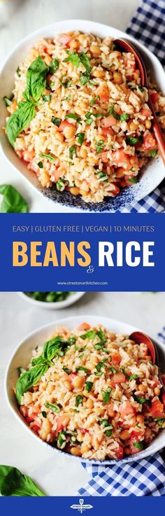 two bowls filled with beans and rice on top of a table