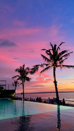 palm trees line the edge of a swimming pool as the sun sets over the ocean