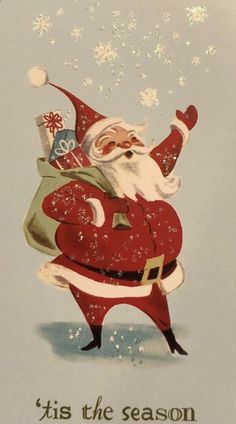 an old fashioned christmas card with santa claus pointing at the sky and snowflakes