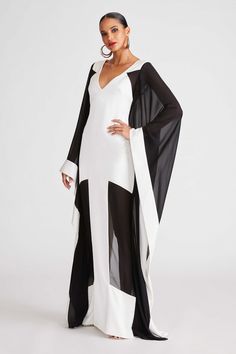 Yara Gown In Satin & Chiffon – Halston Halston Fashion, Gala Attire, Black And White Gown, Kaftan Designs, Evening Gowns With Sleeves, Muumuu Dress, Black And White Color, Maxi Dress Cocktail, Knitwear Dress