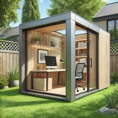 a small office in the middle of some grass