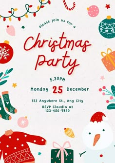 a christmas party flyer with snowmen, presents and gifts on it's side