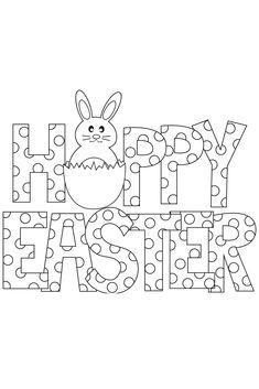 an easter coloring page with the words happy easter written in large letters and decorated eggs