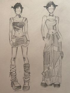 two drawings of women in dresses and boots