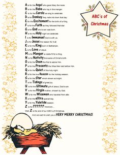 a christmas poem with an image of a baby in a manger and the words abc's of christmas