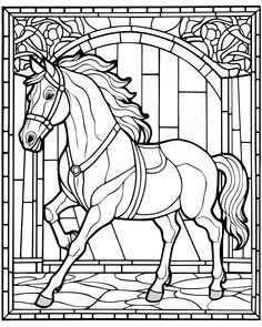 a stained glass window with a horse in the center and an arched doorway behind it