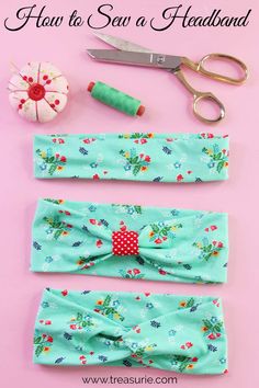 sewing supplies laid out on top of each other, including scissors and fabric headbands