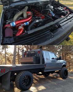 an open truck bed with the hood up and engine in it's back compartment