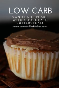 a close up of a cupcake with chocolate frosting on top and the words low carb written above it