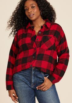 Plus Size Cabin Plaid Boyfriend Tunic Shirt - Materials & Care:imported - 100% cotton - machine wash Plaid Shirt Women Plus Size, Oversized Plaid Top With Button Closure, Hooded Plaid Cotton Flannel Shirt, Plaid Button-up Top With Pockets, Maurices Plus Size, Buffalo Plaid Pattern, Cheap Plaid Button-up Flannel Shirt, Curvy Jeans, Tunic Shirt