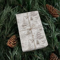 a present wrapped in white paper surrounded by pine cones