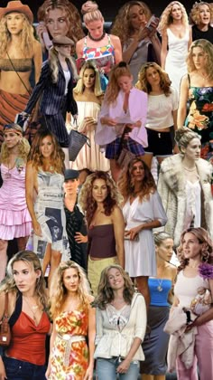 a collage of women in different outfits and hair styles, including one woman's head