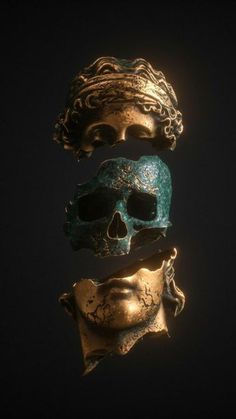 three gold and green masks are shown against a black background, one has a skull on it's face