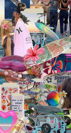 a collage of photos with people and surfboards in the background, including an image of a woman holding a surfboard