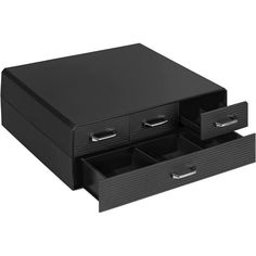 a black drawer with two drawers on top and one drawer open to show the contents