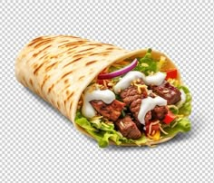 a burrito filled with meat, lettuce and onions on a white background