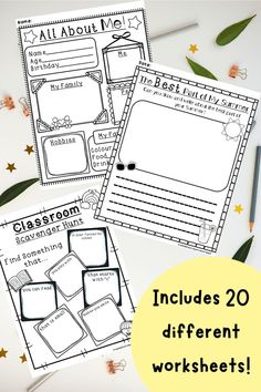 two worksheets with the text, all about me includes 20 different worksheets