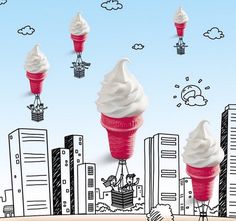 three ice cream cones floating in the air with buildings and clouds behind them, all being drawn by hand