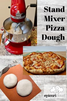 a red mixer sitting next to a pizza on top of a wooden table