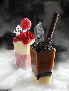 two desserts with different toppings on top of each other